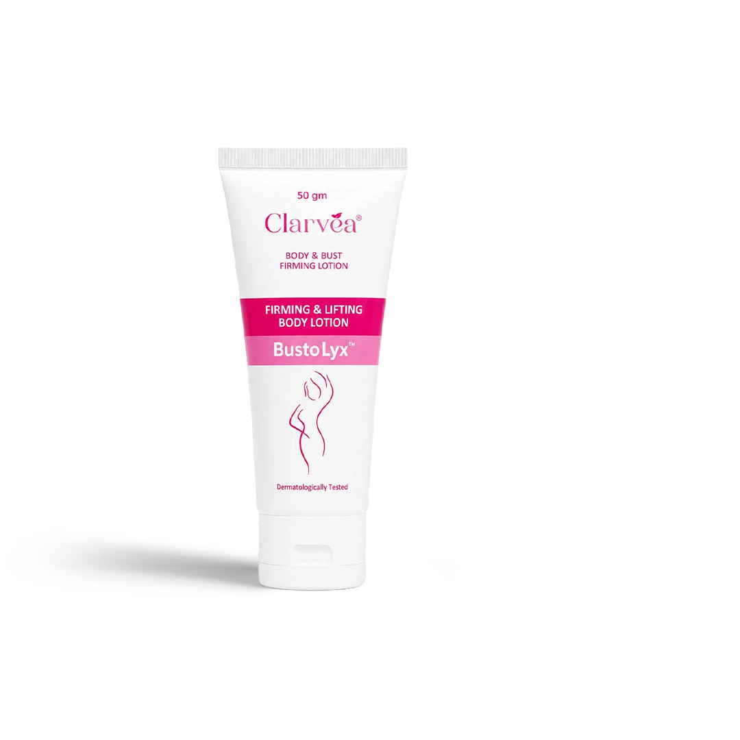 Clarvea Bustolyx Body & Bust Firming Lotion shown as a white squeeze tube and matching retail box with bright pink accents on a clean white background.