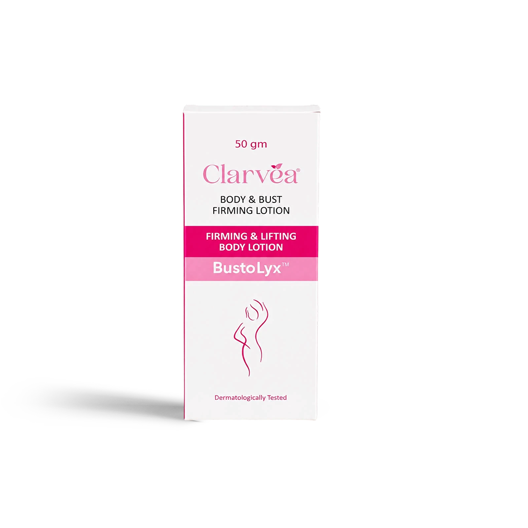A 50 gm box of Clarvea BustoLyx Body & Bust Firming Lotion, featuring a white and pink design with a minimalist line drawing of a woman's torso, set against a plain white background.