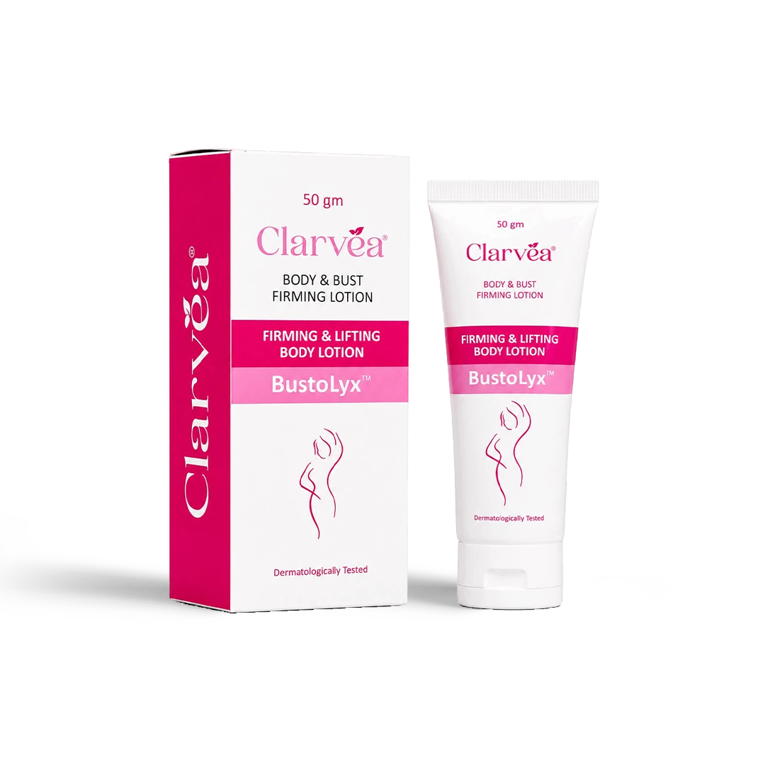 Clarvea Bustolyx Body & Bust Firming Lotion shown as a white squeeze tube and matching retail box with bright pink accents on a clean white background.