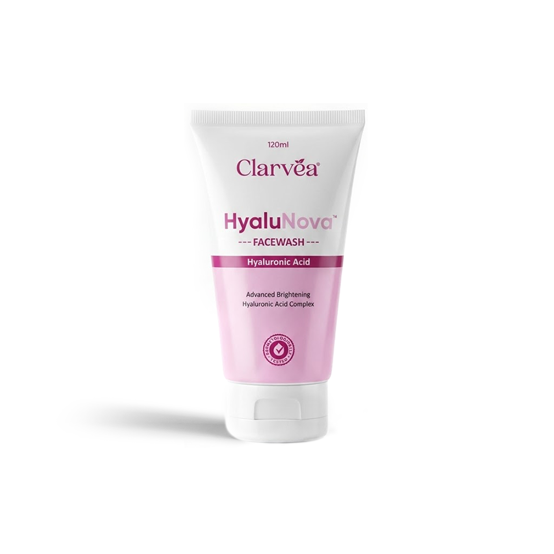A 120ml squeeze tube of Clarvea HyaluNova Facewash on a clean white background. The packaging features a white upper section and a light pink lower section with purple text and accents.