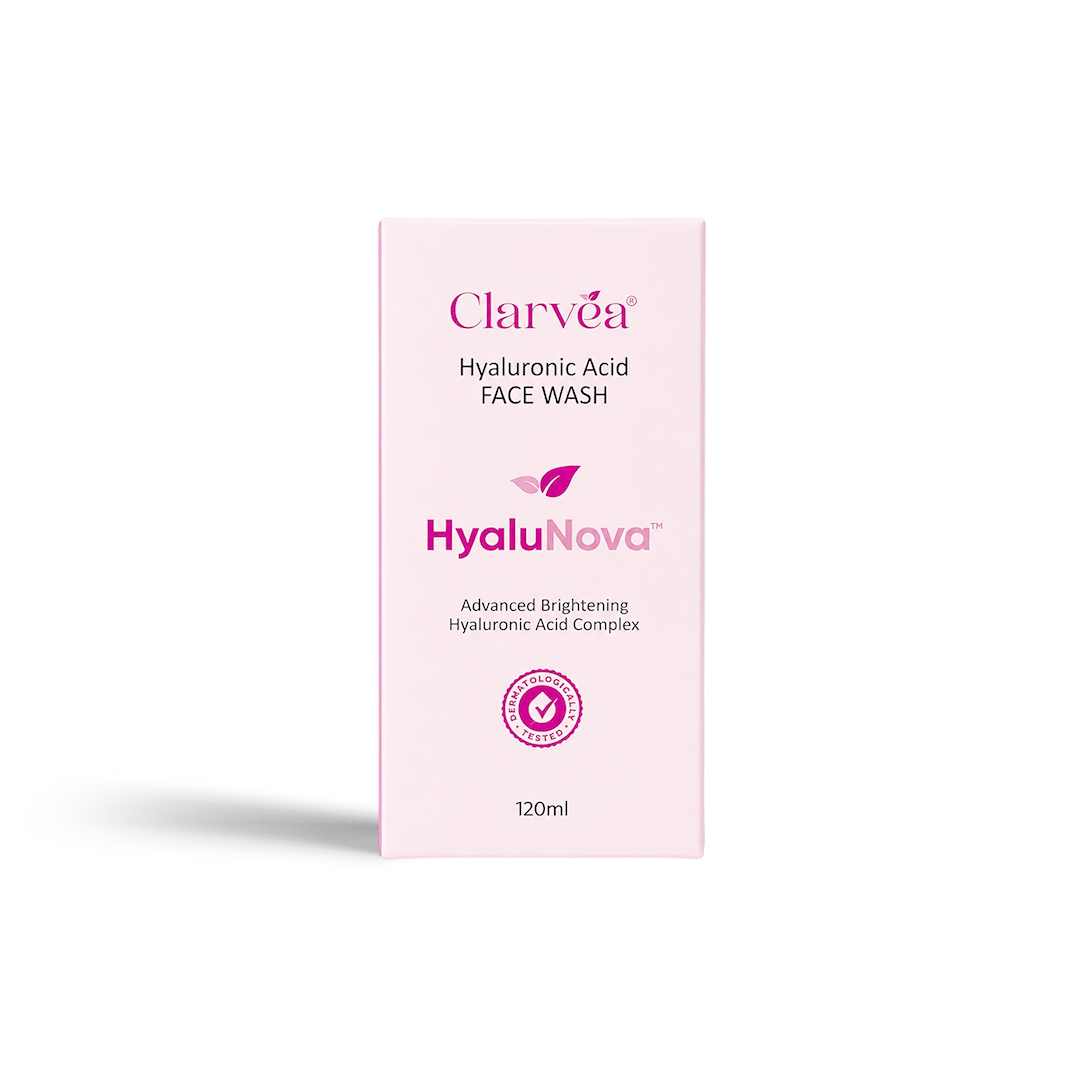 A 120ml box of Clarvea Hyaluronic Acid Face Wash by HyaluNova, featuring a light pink packaging design with magenta text and logo details, set against a plain white background with a soft shadow.