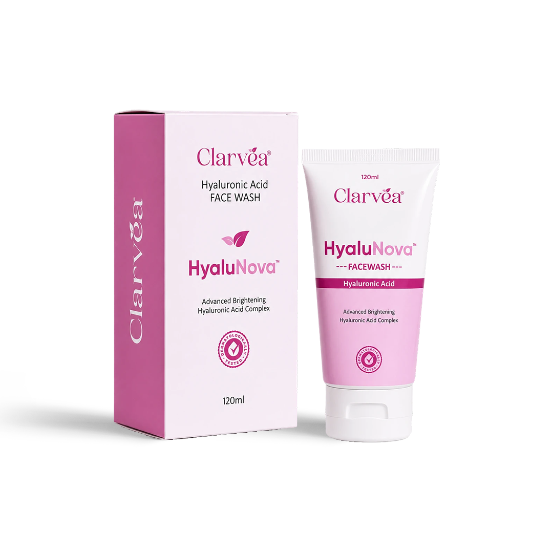 Clarvea face wash HyaluNova 120ml tube and its matching pink and white packaging box, displayed on a clean white background.